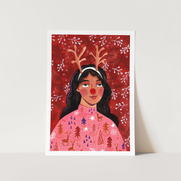 Christmas Reindeer Woman PFY Art Print
