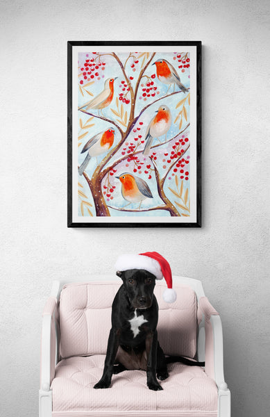 Christmas Robins in Tree PFY Art Print