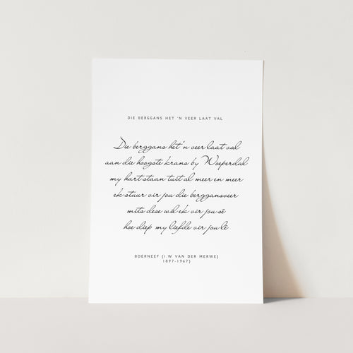 Die Berggans Het 'n Veer Laat Val - Boerneef Art Print