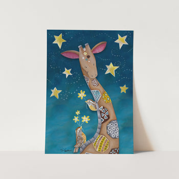 Giraffe With Friends in Night Sky No.1 Art Print