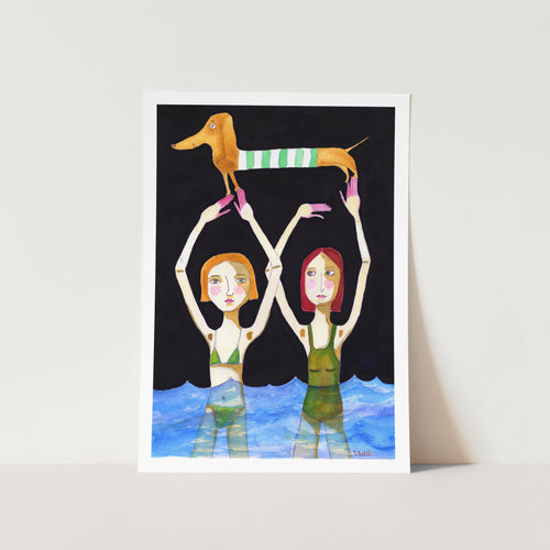 Girls with Swimming Sausage Dog PFY Art Print