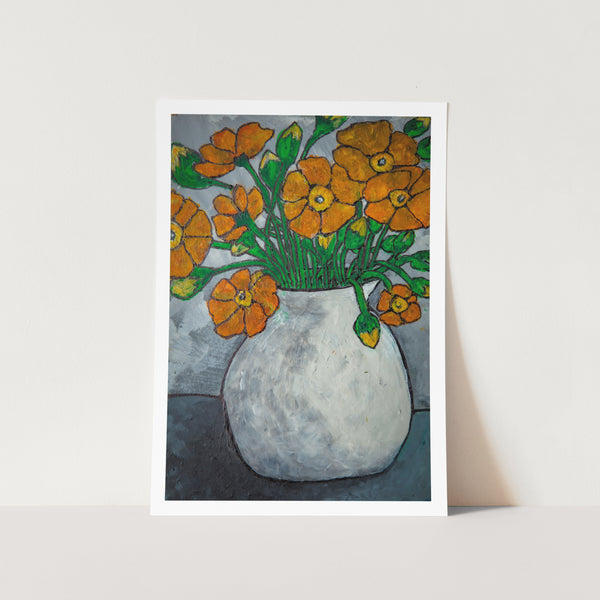 Orange Flowers in White Vase Art Print