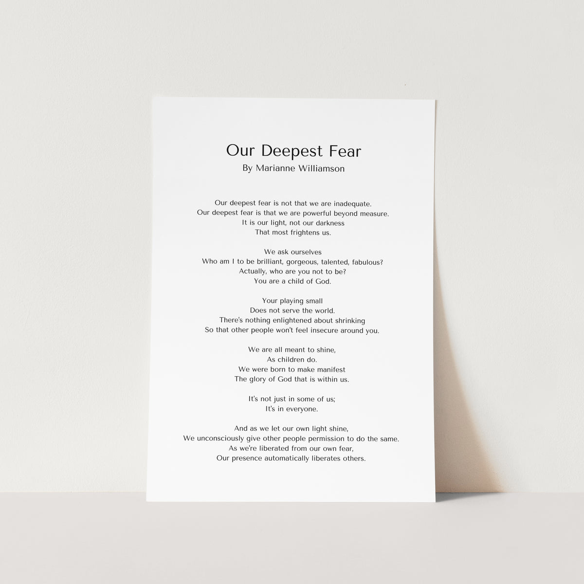 Our Deepest Fear Poem By Marianne Williamson Art Print