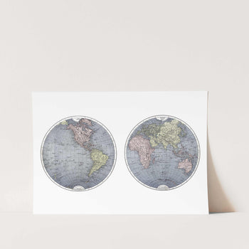 Vintage Eastern & Western Hemisphere Map Art Print