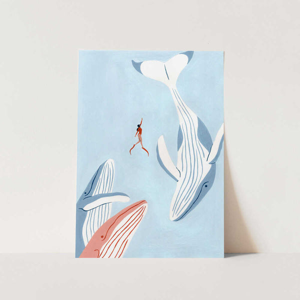 Woman And Whales Swim PFY Art Print