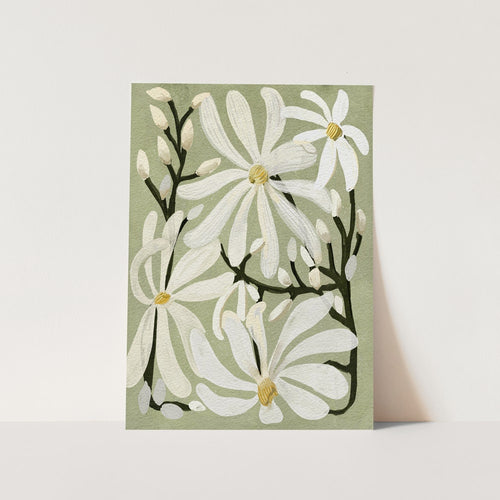 Star Magnolia Florals on Sage background PFY Art Print