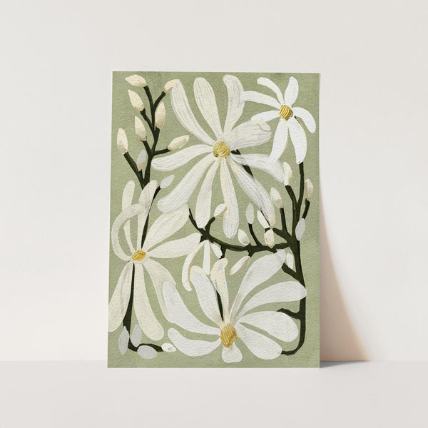 Star Magnolia Florals on Sage background PFY Art Print
