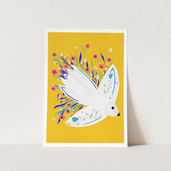 Bird in Flowers Yellow Illustration PFY Art Print