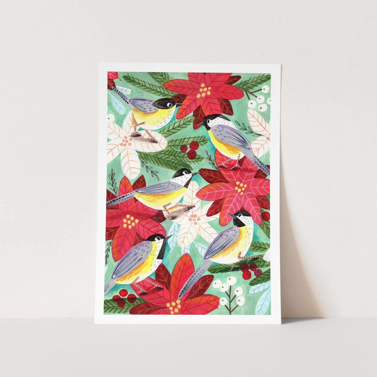 Birds in Christmas Flowers PFY Art Print