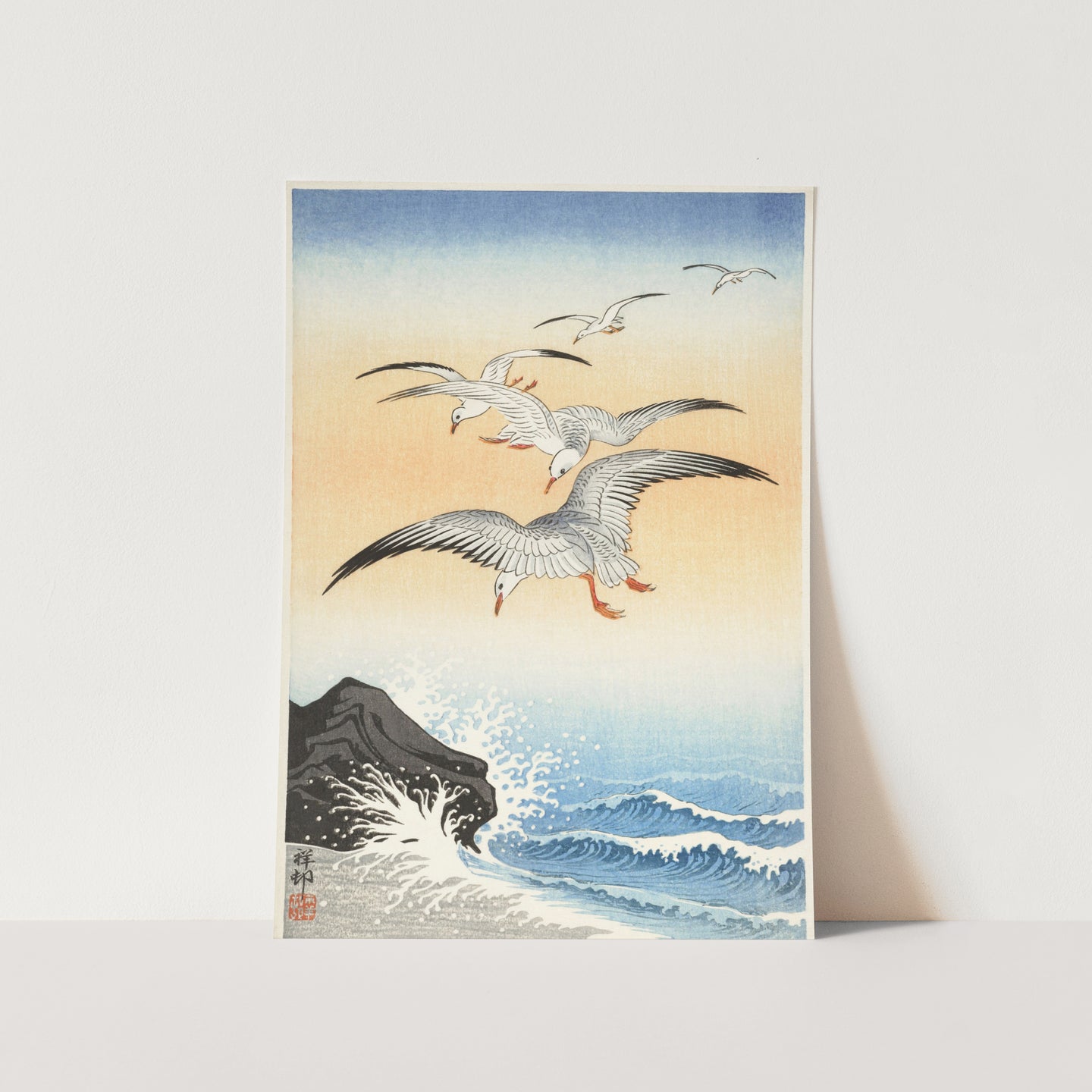 Five seagulls above turbulent sea Art Print