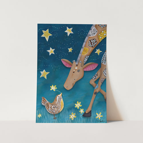 Giraffe With Friends in Night Sky No.2 Art Print
