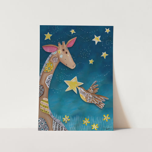 Giraffe With Friends in Night Sky No.3 Art Print