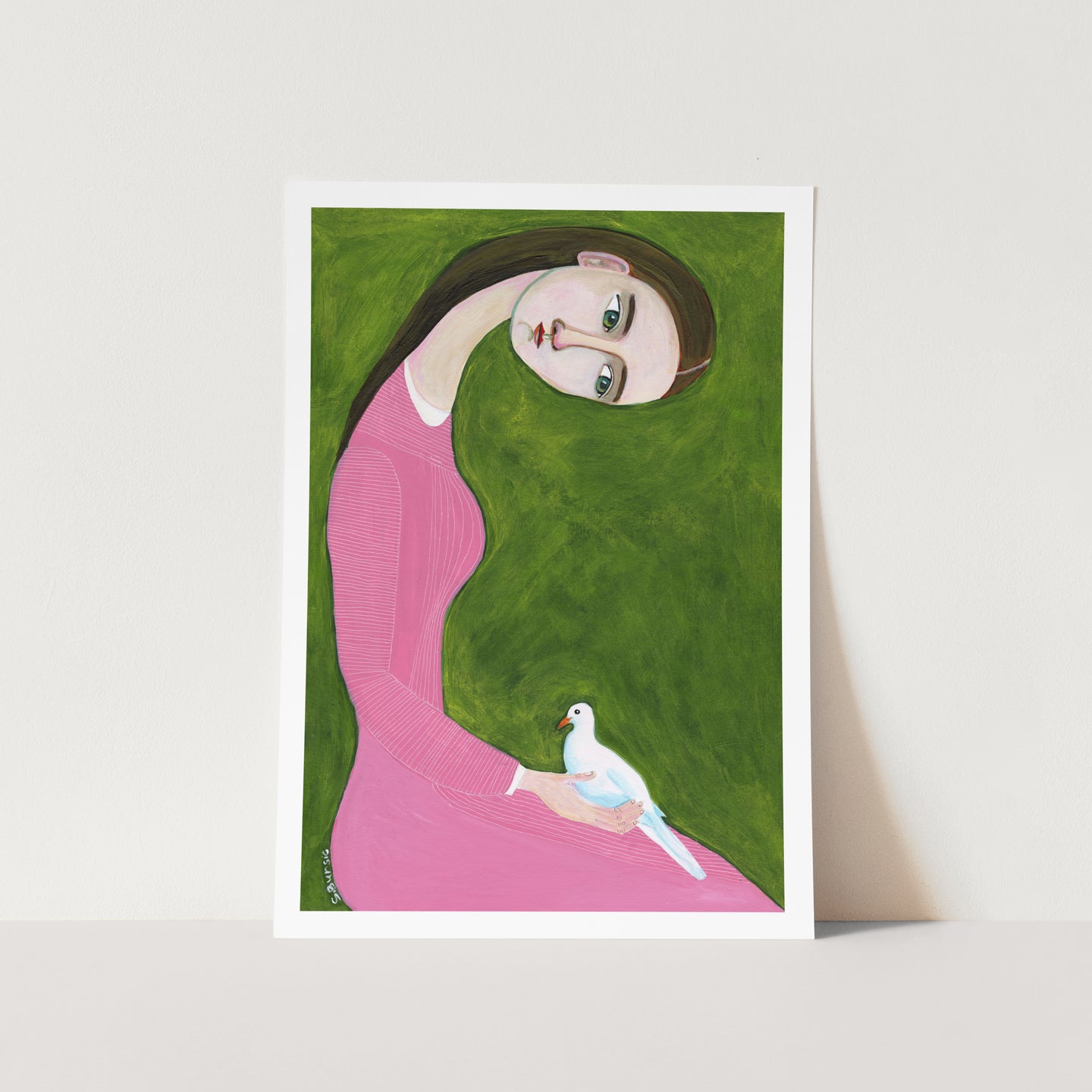 Girl in Pink with her Dove PFY Art Print