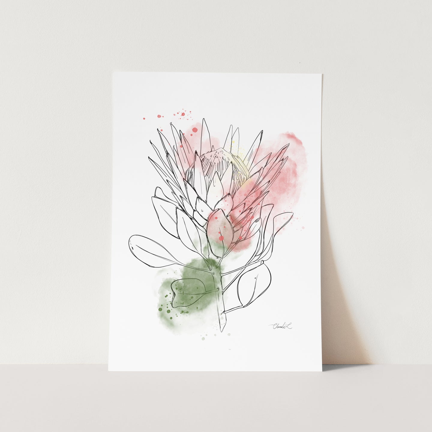 Line Art & Watercolour King Protea #1 Art Print