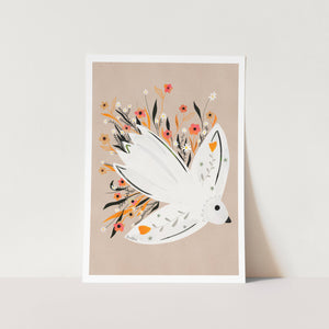 Bird in Flowers Beige illustration PFY Art Print