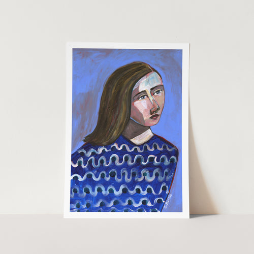 Woman in Blue Sweater PFY Art Print