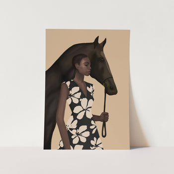 Woman in Bold Print with Black Horse Art Print