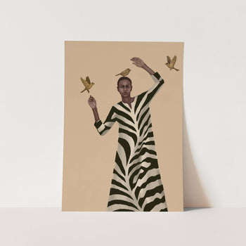 Woman with Birds and Zebra Pattern Dress Art Print