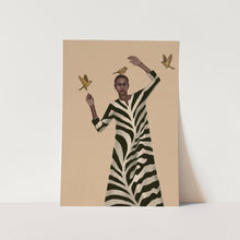 Load image into Gallery viewer, Woman with Birds and Zebra Pattern Dress Art Print