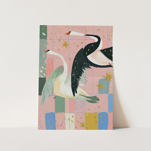 Elegant Swans Golden Stars PFY Art Print