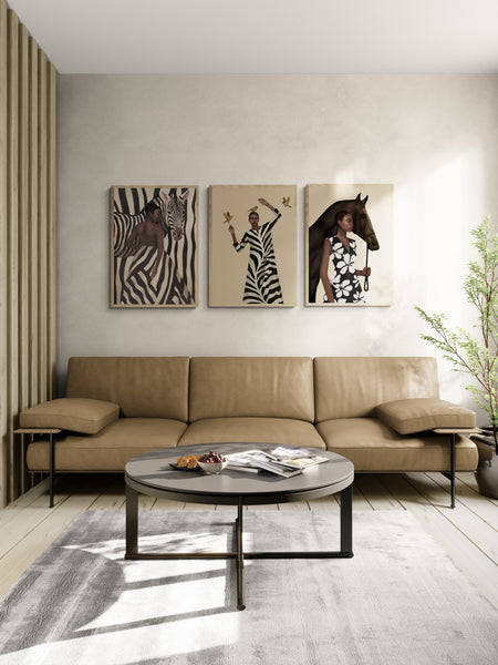 Woman with Birds and Zebra Pattern Dress Art Print