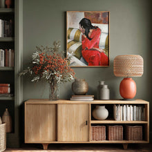 Load image into Gallery viewer, Woman In A Red Dress Sits On A Sofa PFY Art Print