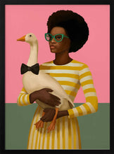 Load image into Gallery viewer, Stylish Woman Holding Goose In Striped Dress Art Print