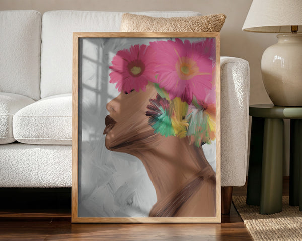Woman with Vibrant Flowers PFY Art Print