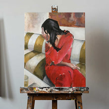 Load image into Gallery viewer, Woman In A Red Dress Sits On A Sofa PFY Art Print