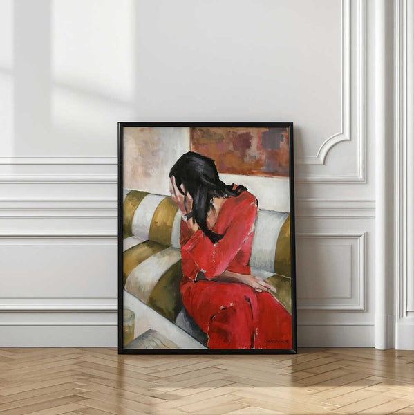 Woman In A Red Dress Sits On A Sofa PFY Art Print