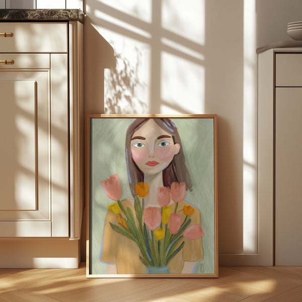 A Girl with Tulips PFY Art Print