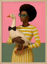 Load image into Gallery viewer, Stylish Woman Holding Goose In Striped Dress Art Print