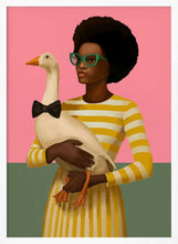 Load image into Gallery viewer, Stylish Woman Holding Goose In Striped Dress Art Print