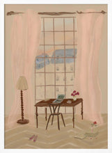 Load image into Gallery viewer, Paris Window View Illustration with Rustic Desk PFY Art Print