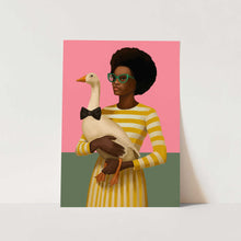 Load image into Gallery viewer, Stylish Woman Holding Goose In Striped Dress Art Print