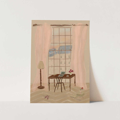 Paris Window View Illustration with Rustic Desk PFY Art Print