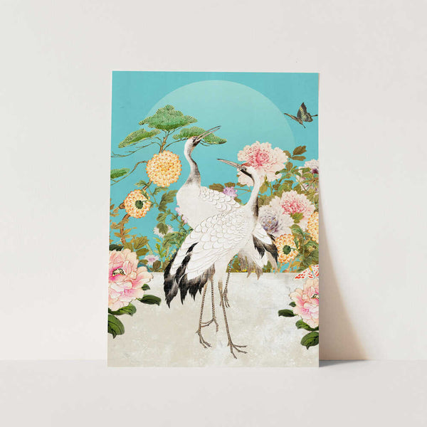 Elegant Cranes and Peonies PFY Art Print