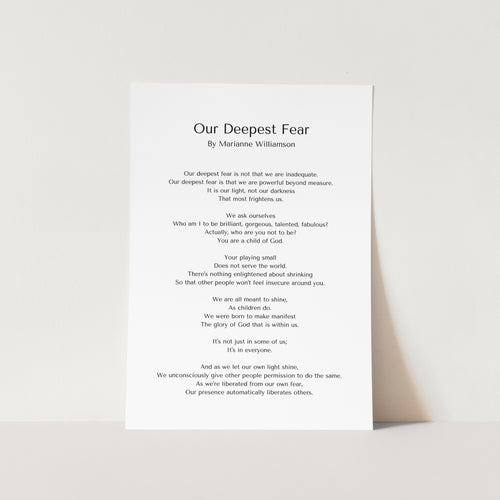 Our Deepest Fear Poem by Marianne Williamson Art Print