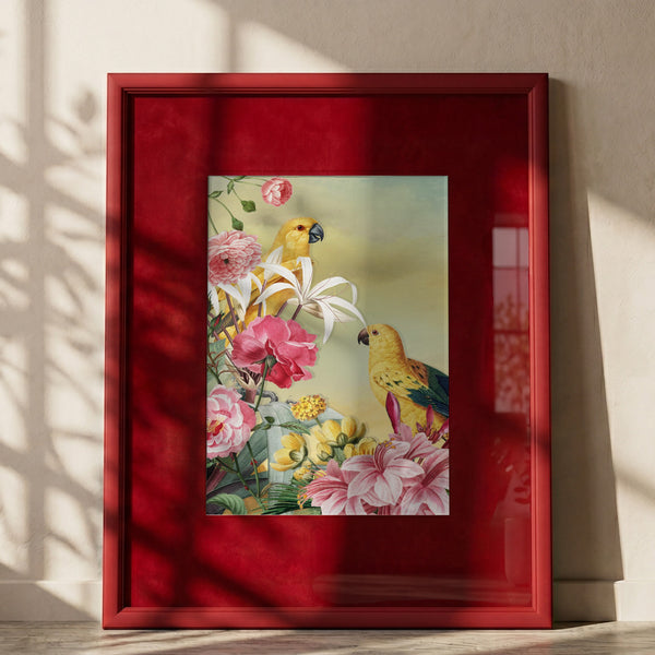 Tropical Parrots and Flowers PFY Art Print