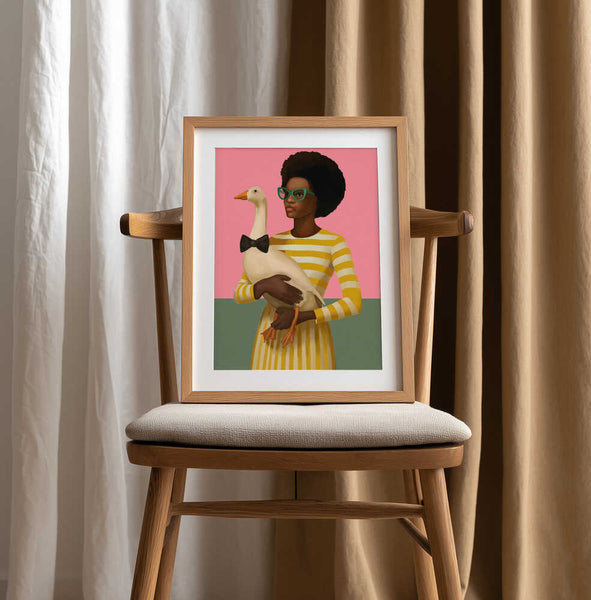 Stylish Woman Holding Goose In Striped Dress Art Print