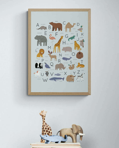 Animals Around the World Alphabet Blue Art Print