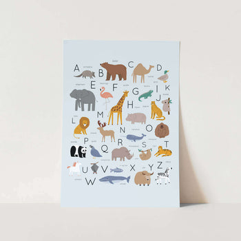 Animals Around the World Alphabet Blue Art Print