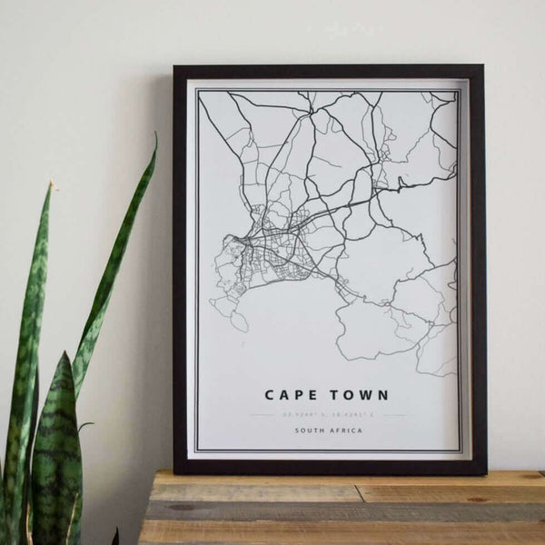 cape town map art print framed black