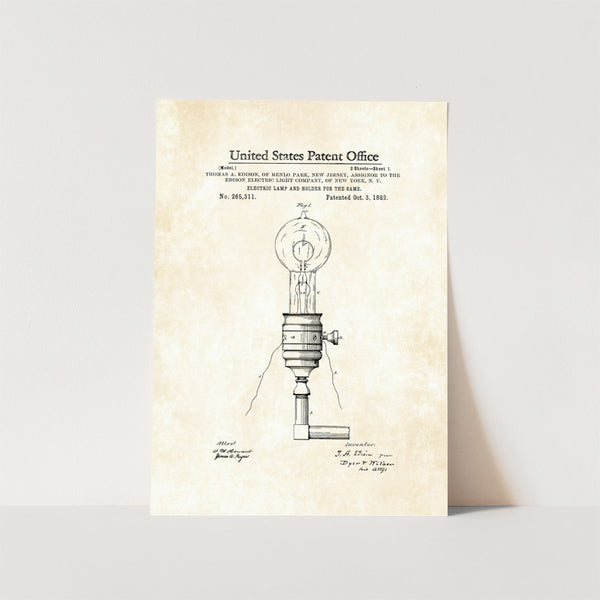Thomas Edison Electric Lamp & Holder Patent Art Print